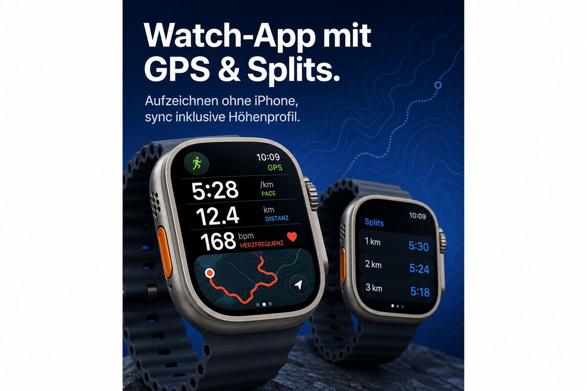 WatchOS-App mit Live-Pace, GPS-Track und Splits.